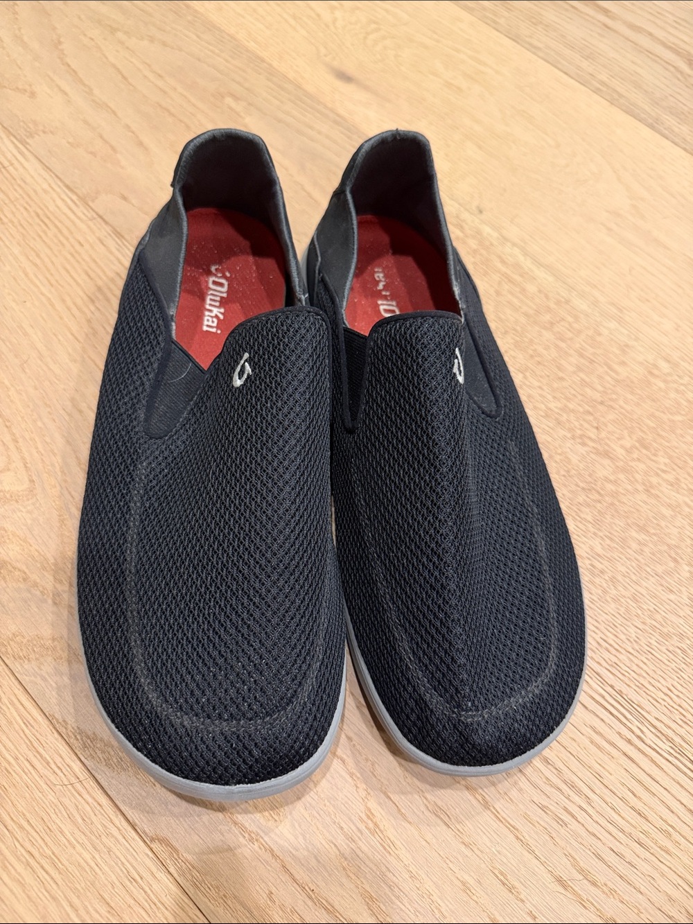 OluKai Men's Black Mesh Slip-On Loafers with White Sole side 11.5
